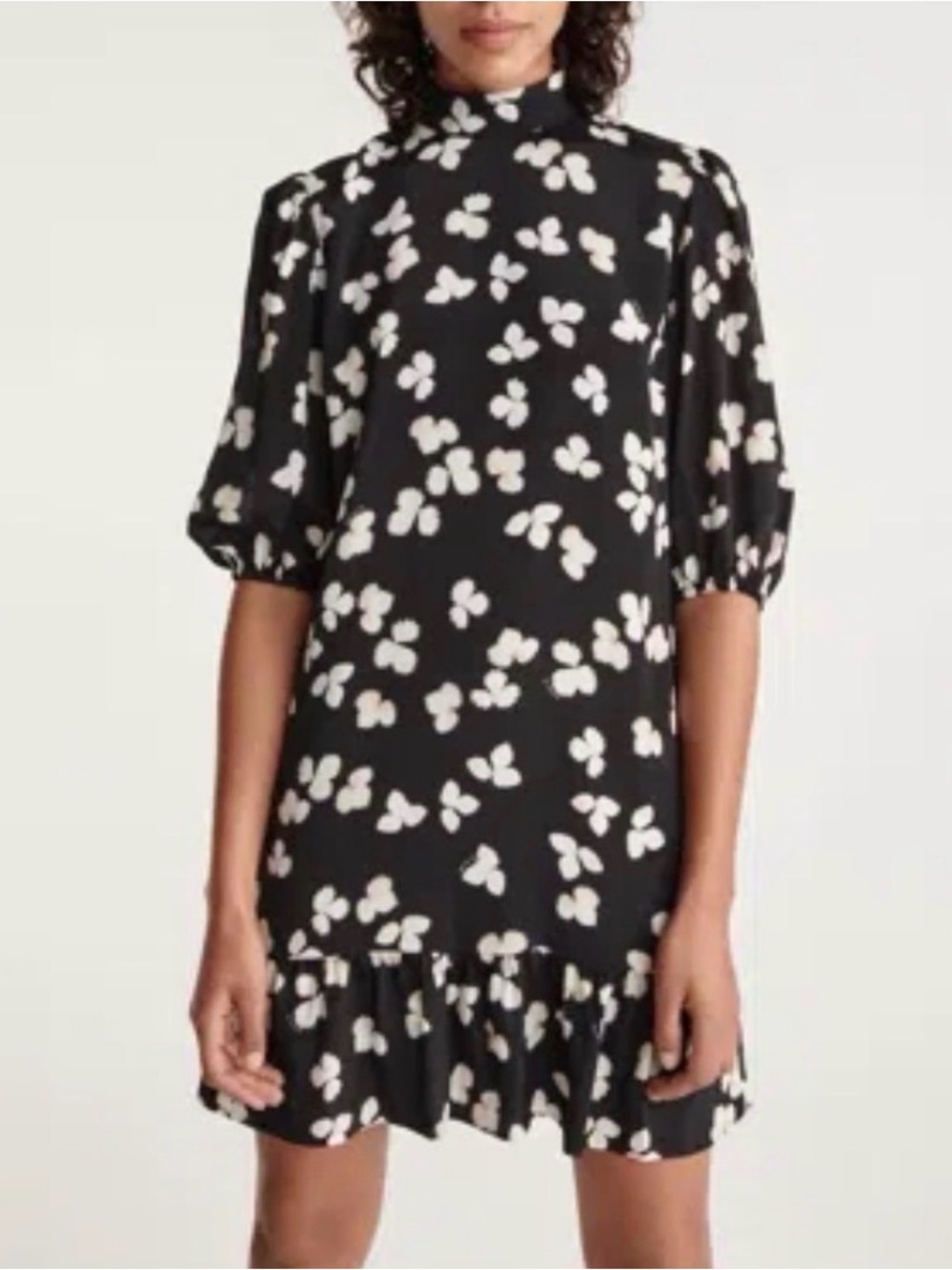 The Kooples Black Naive Flowers Dress with White Floral Design